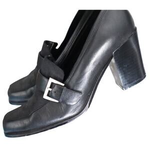 Vintage 90s Y2K Black Leather Heel Loafers Pumps Silver Buckle Square Toe 6 M